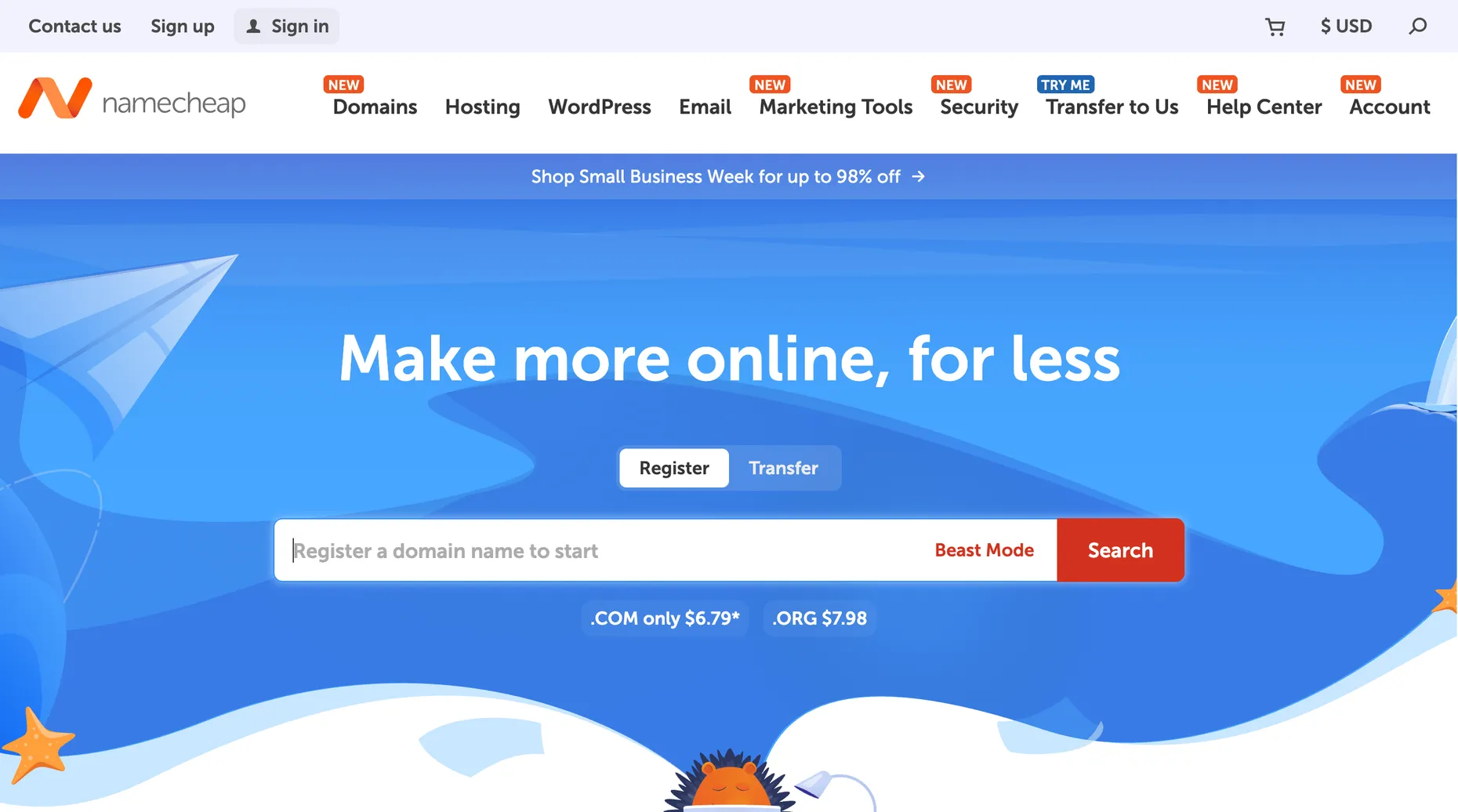 Namecheap domain registration homepage