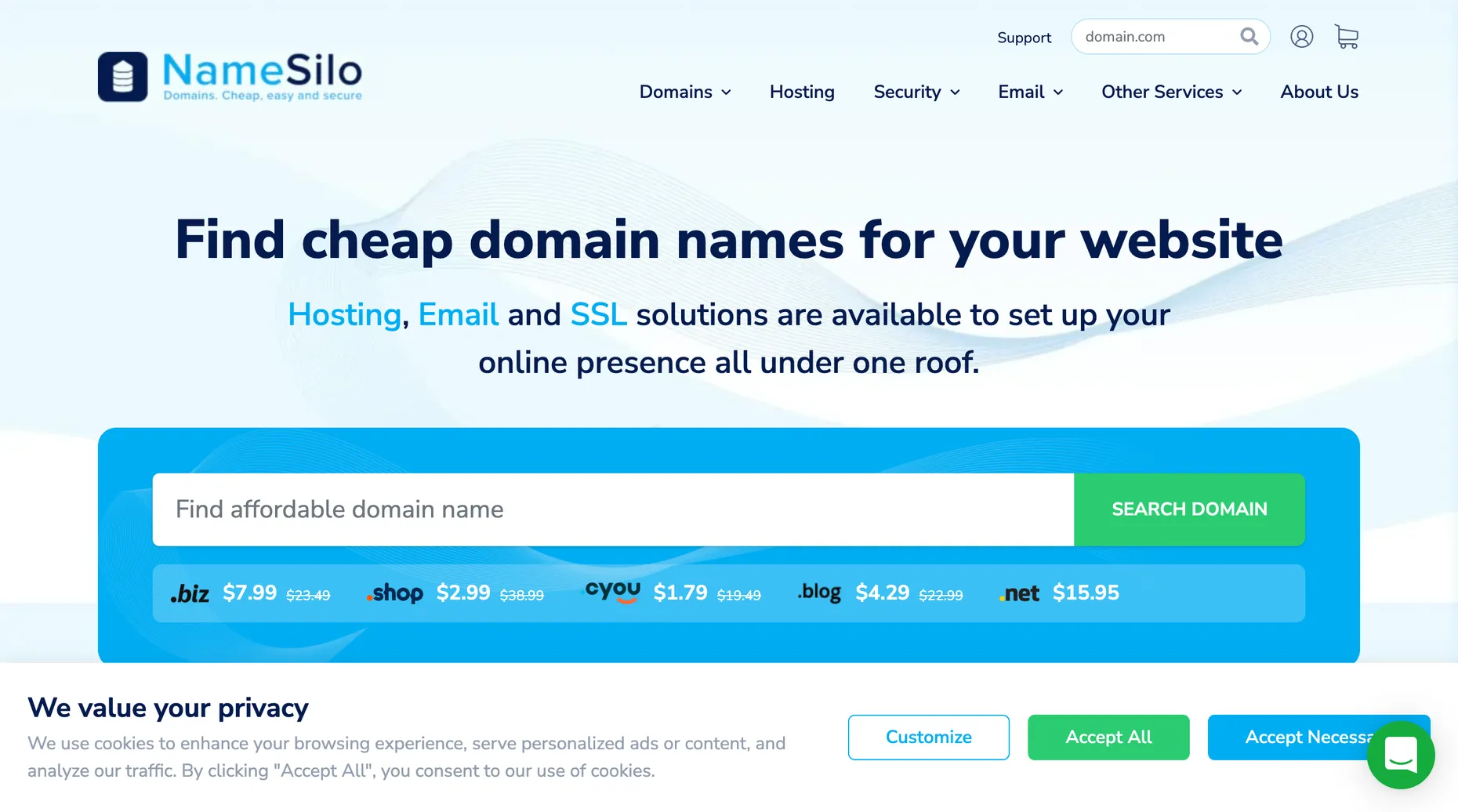 NameSilo domain names and hosting homepage