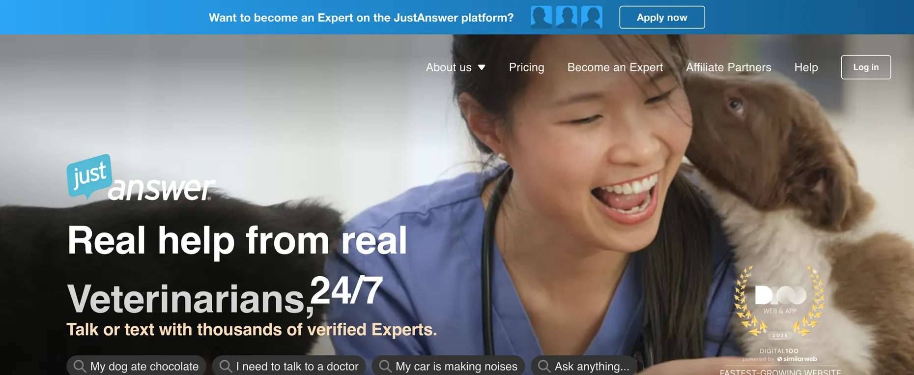 JustAnswer homepage with a Become an Expert Apply now bar, real help from verified experts