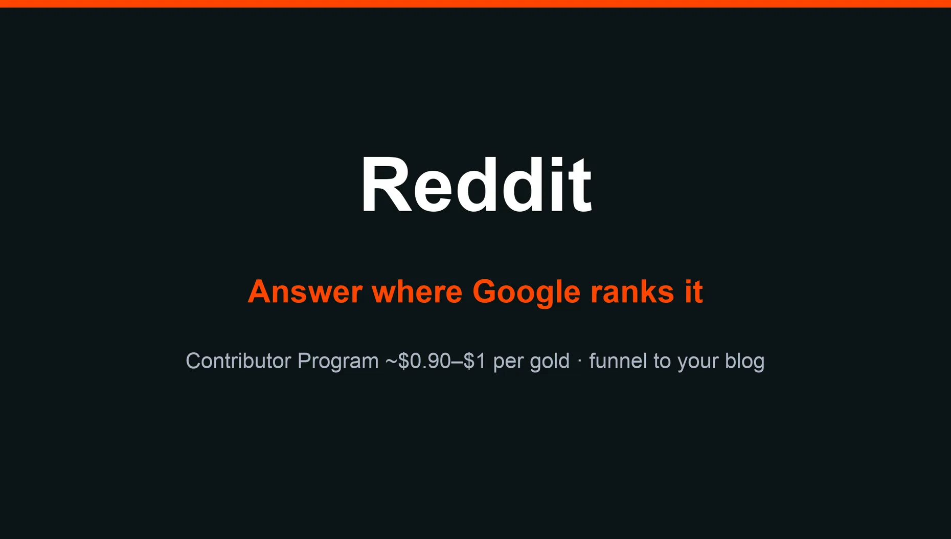 Reddit funnel card: answer where Google ranks it, Contributor Program pays per gold, funnel traffic to your blog