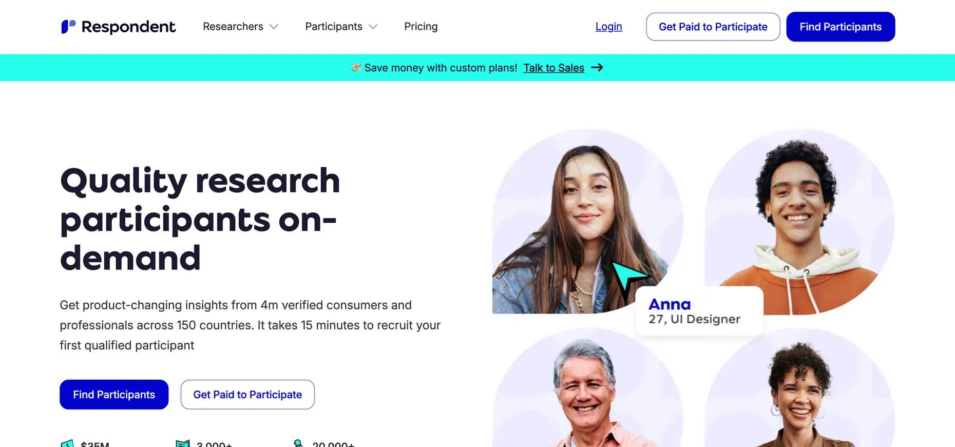 Respondent homepage offering quality research participants on demand with a Get Paid to Participate button