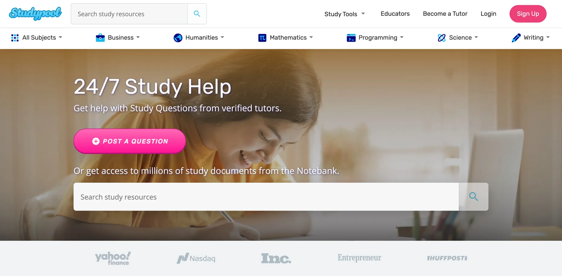 Studypool homepage offering 24/7 study help from verified tutors with a Post a Question button