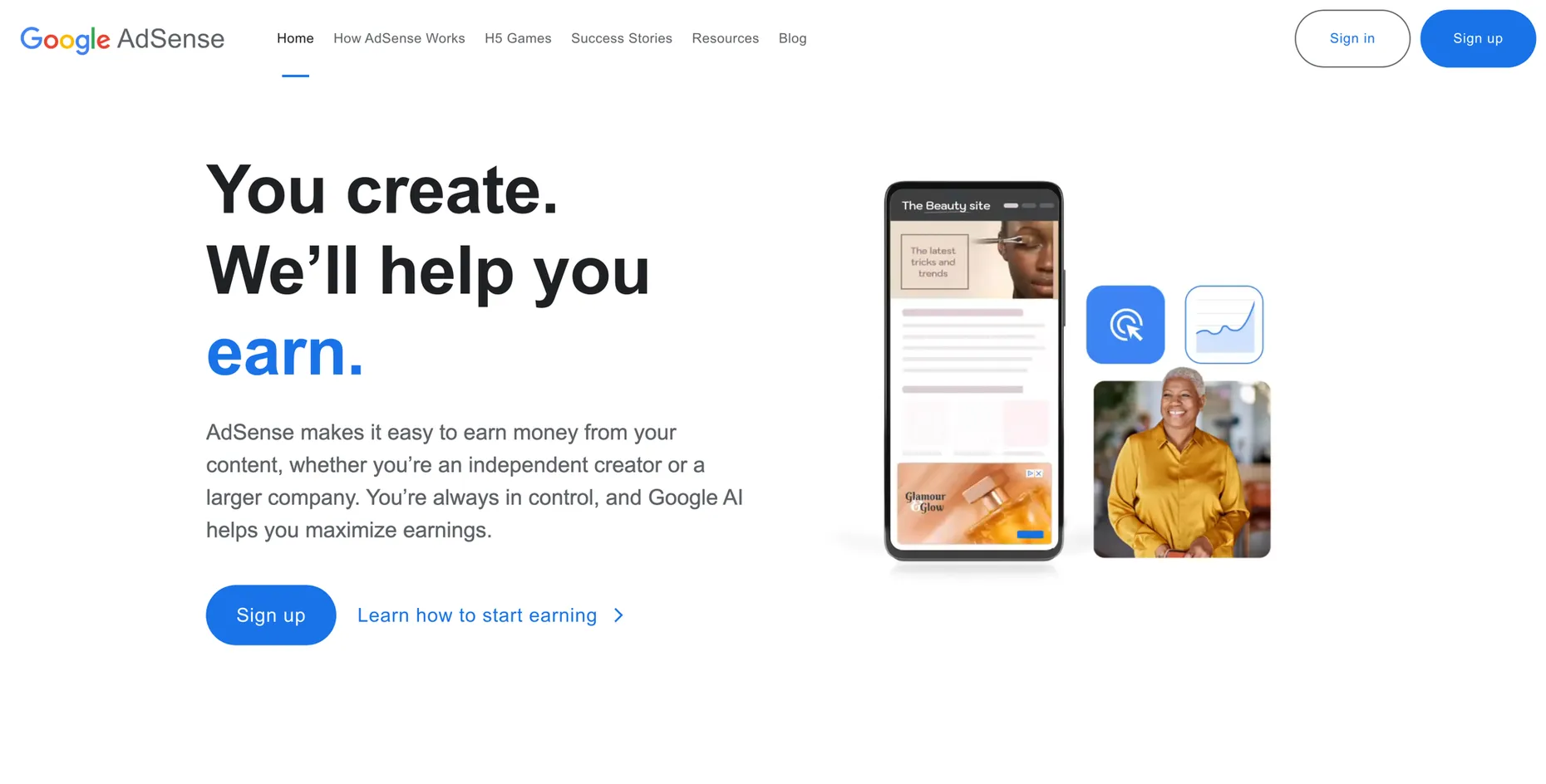 Google AdSense homepage reading You create, we will help you earn