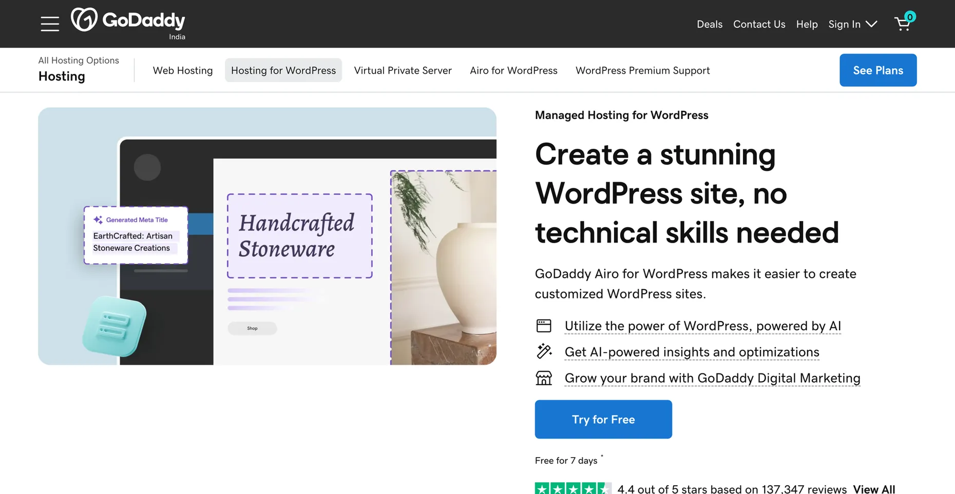GoDaddy Managed WordPress hosting page reading Create a stunning WordPress site, no technical skills needed