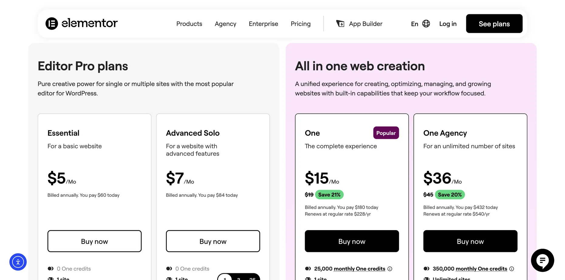 Elementor's live pricing page showing Editor Pro plans Essential at $5/mo and Advanced Solo at $7/mo with no strikethrough or discount badge, beside Elementor One at $15/mo with $19 struck through and a Save 21% badge, and One Agency at $36/mo with $45 struck through and a Save 20% badge