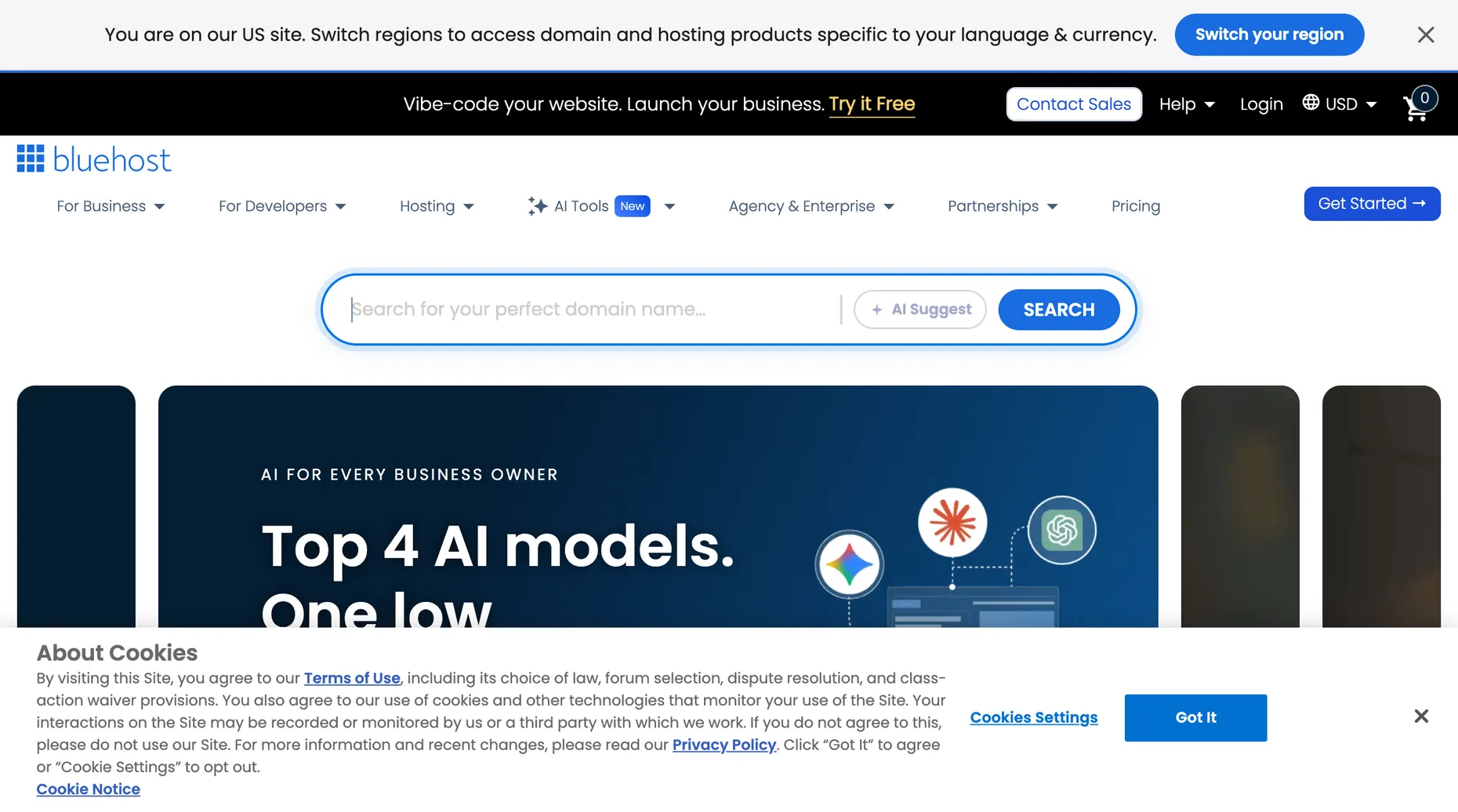 Bluehost hosting homepage offering a free domain name for the first year with hosting plans