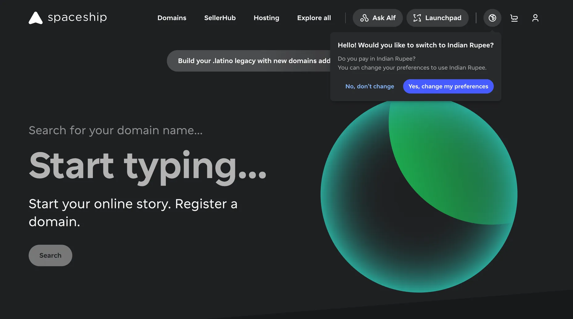 Spaceship domain registration homepage with a domain search box