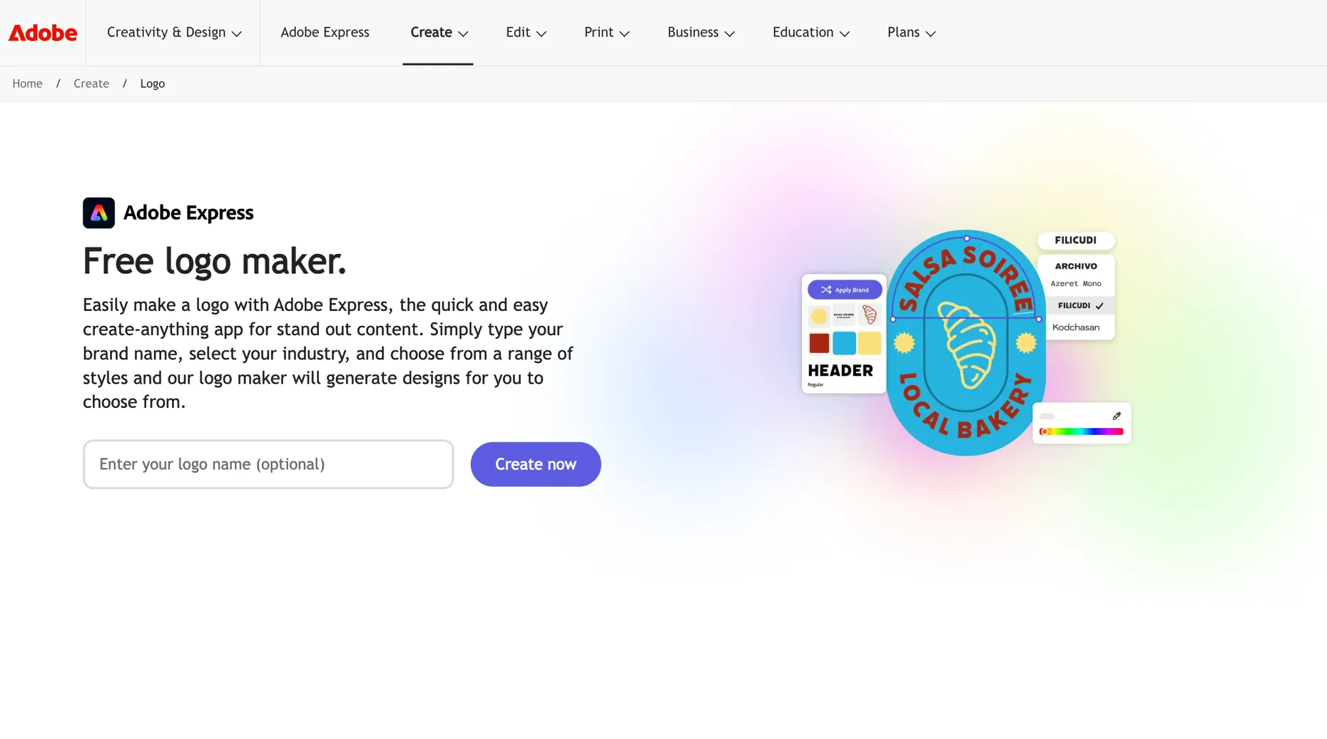 Adobe Express free logo maker landing page