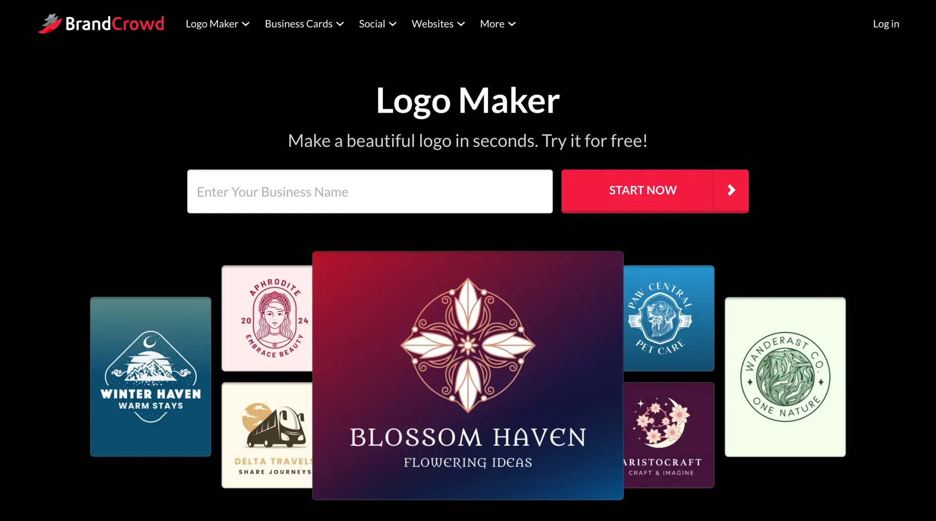 BrandCrowd logo maker page with a search box to create a free logo
