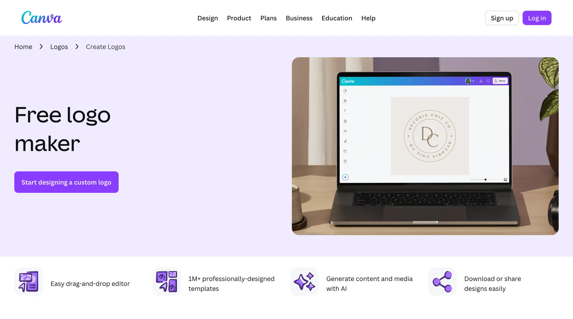 Canva free logo maker homepage with a 'Start designing a custom logo' button