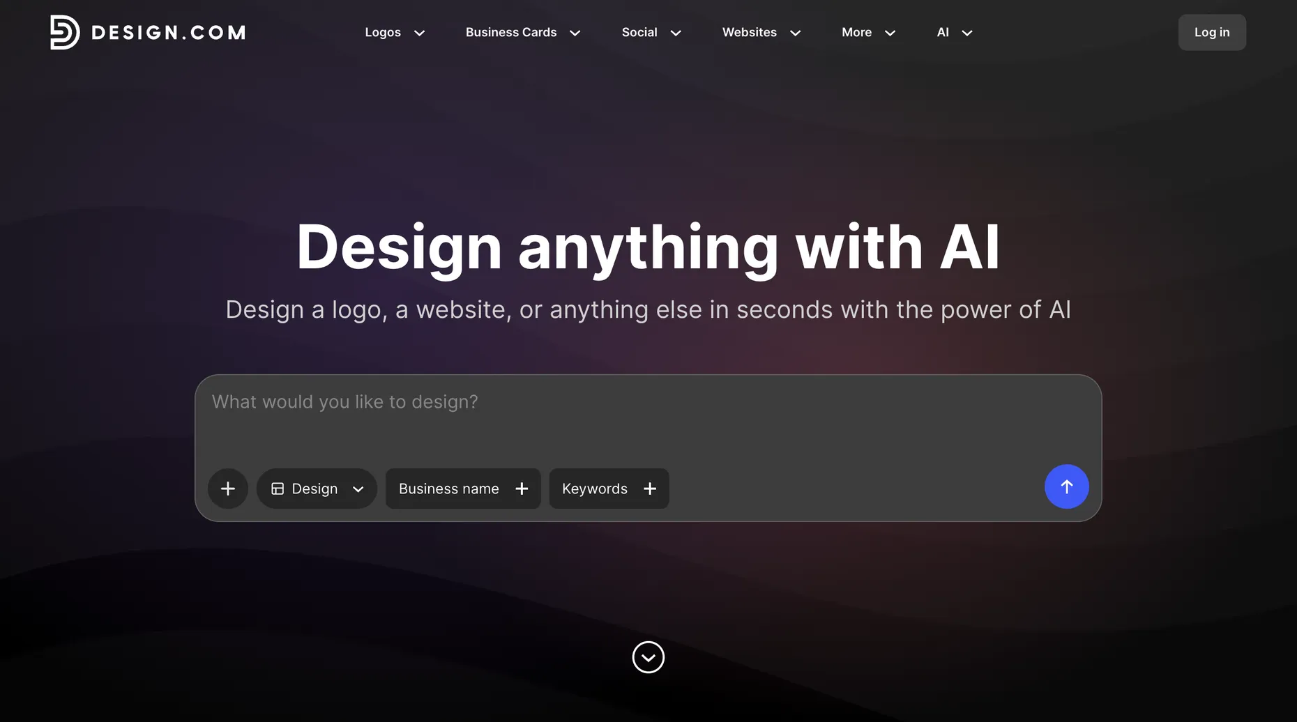 Design.com homepage showing logo, graphic and AI design options