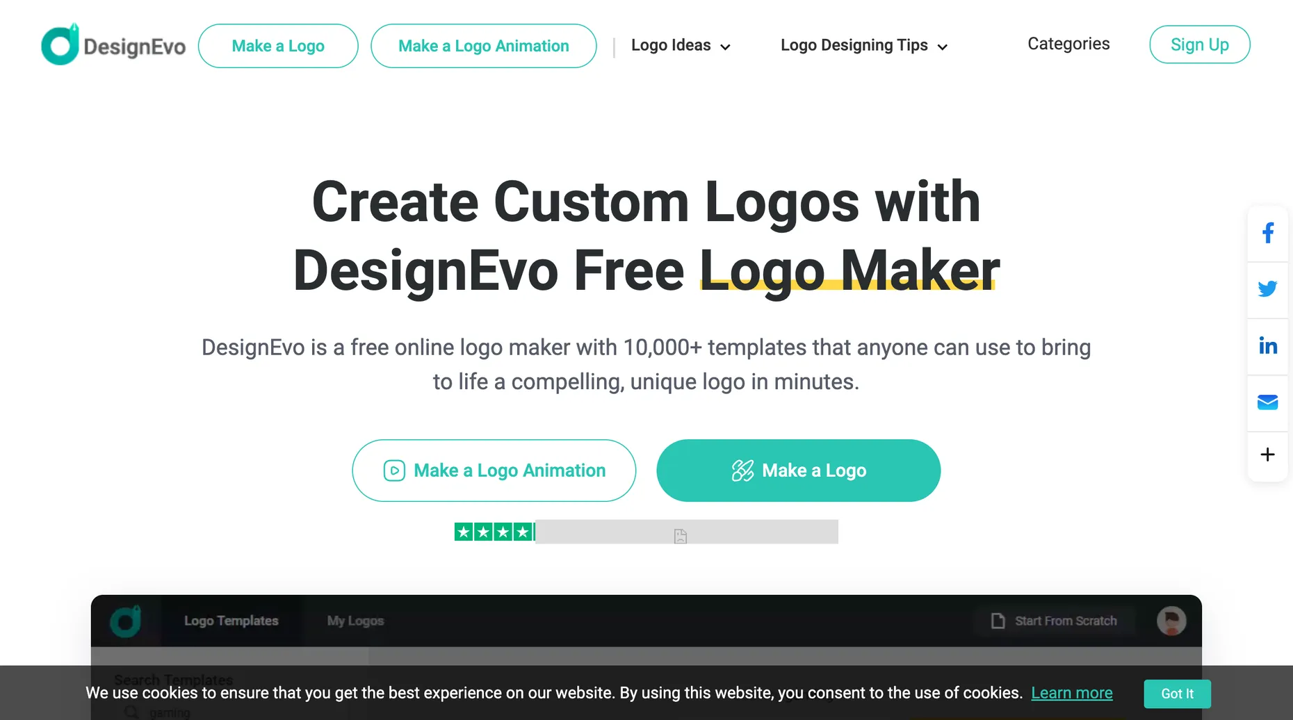 DesignEvo free logo maker homepage with sample logos