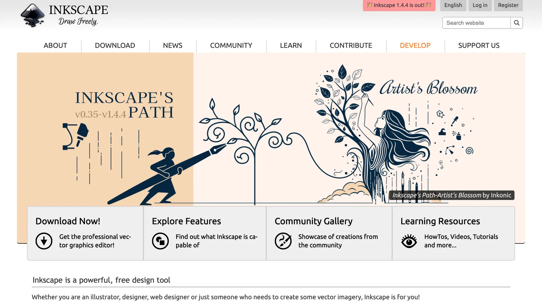 Inkscape open-source vector editor homepage with the tagline Draw Freely