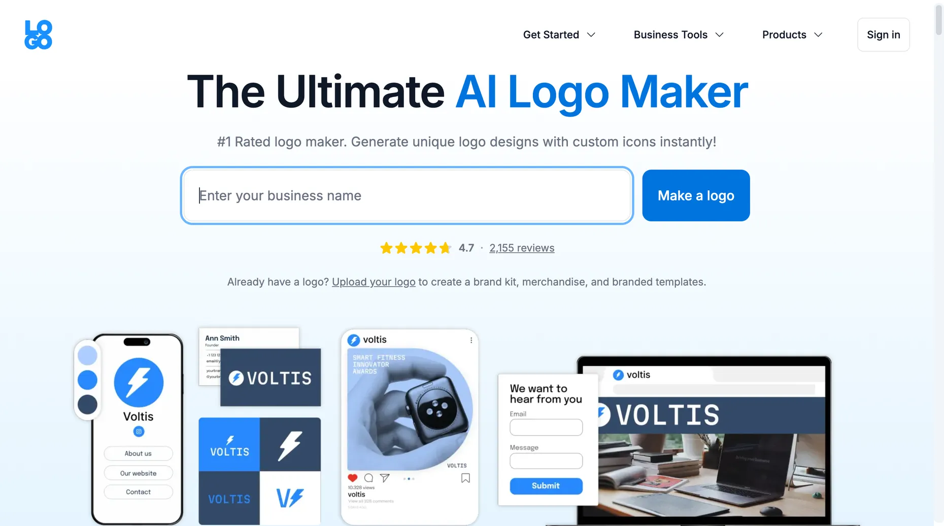 Logo.com homepage for creating a free logo in minutes