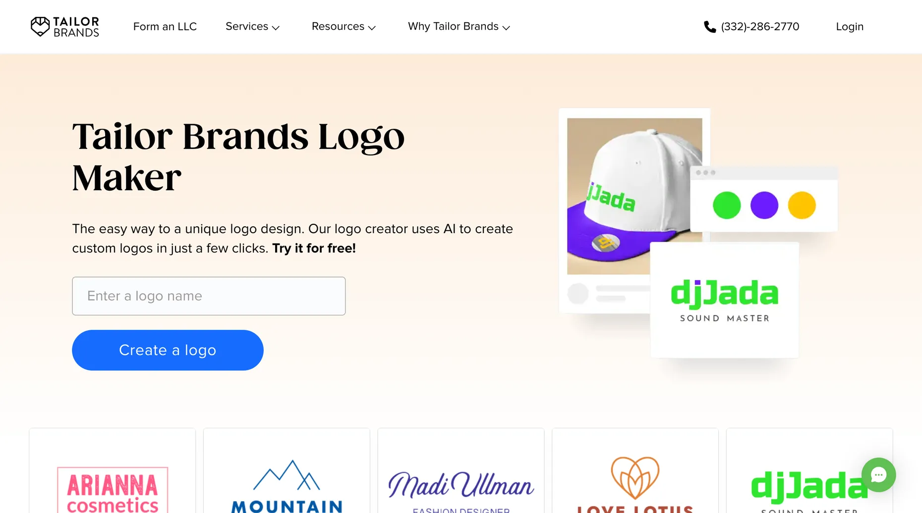 Tailor Brands AI logo maker page