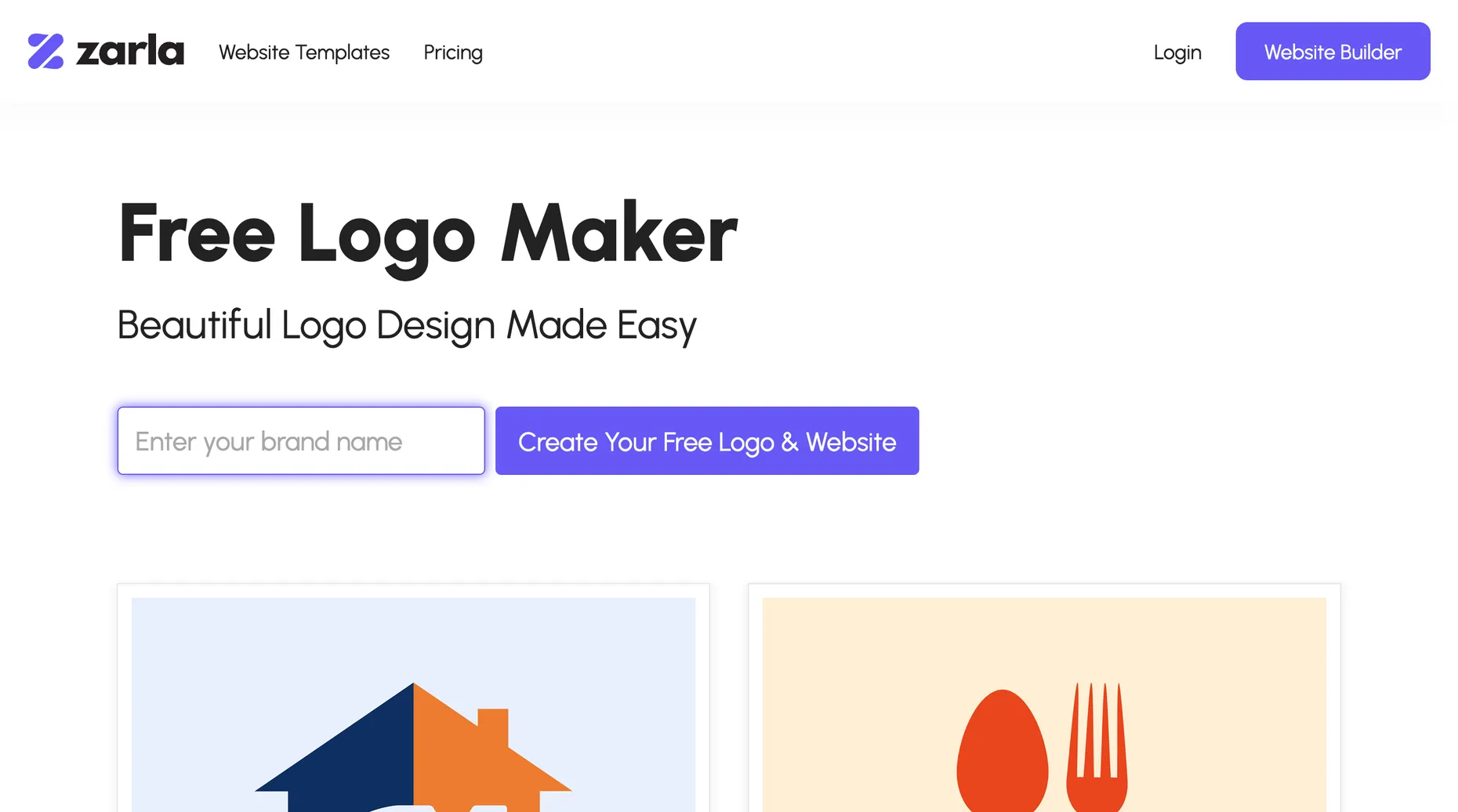 Zarla free logo maker homepage with a brand name input and 'Create Your Free Logo' button