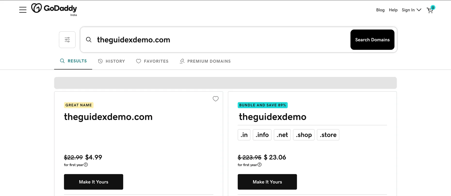 GoDaddy domain search results showing a .COM available with its first-year price and a Make It Yours button