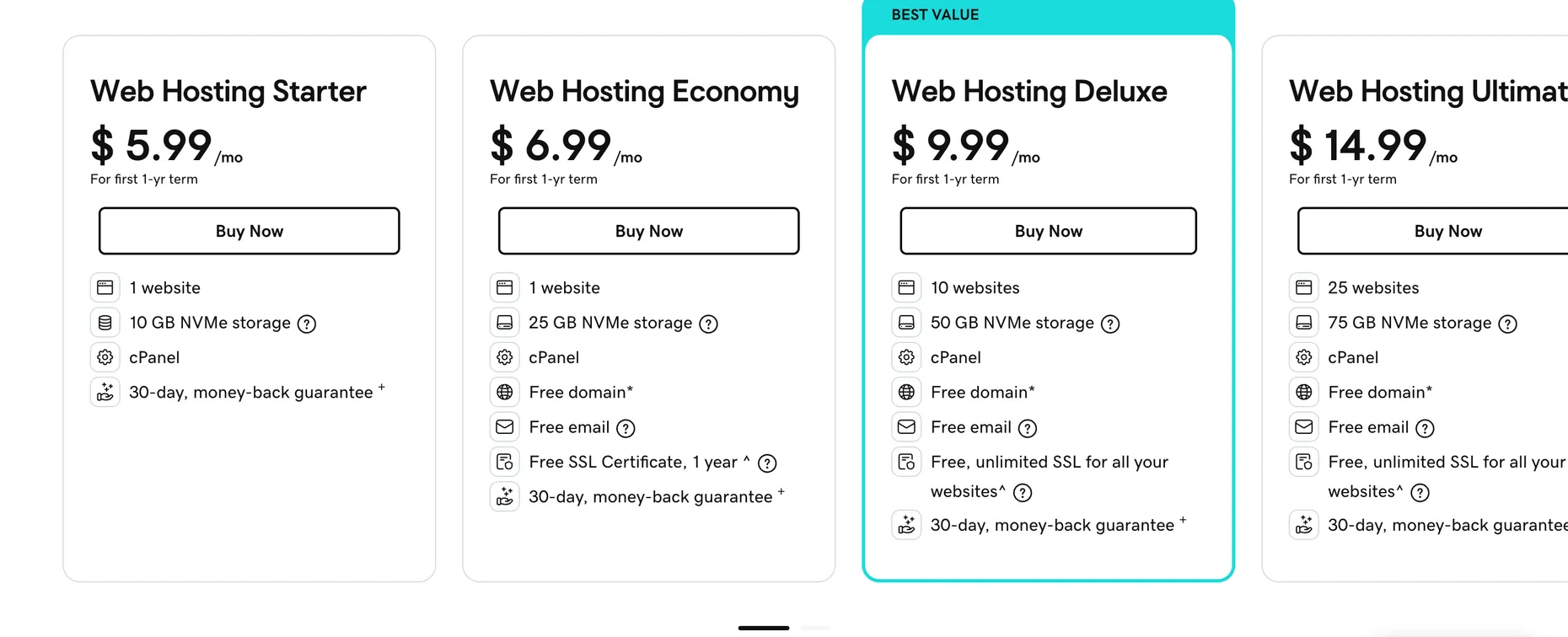 GoDaddy's hosting offers page through the deal link, showing Starter at $5.99/mo, Economy at $6.99/mo, Deluxe at $9.99/mo marked Best Value, and Ultimate at $14.99/mo — each for the first 1-year term