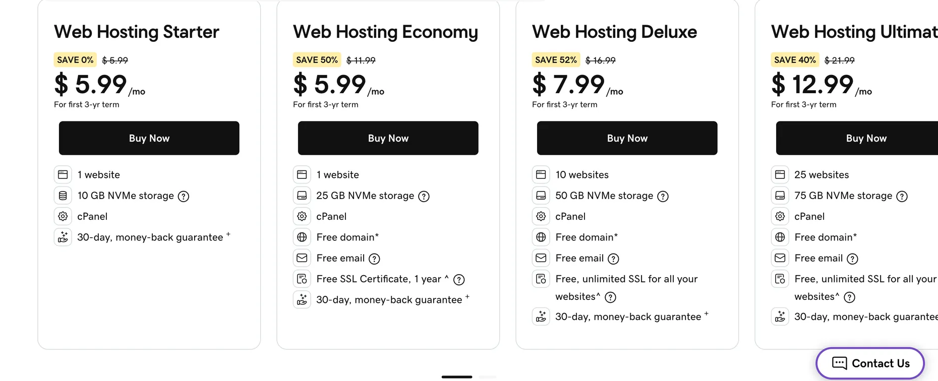 GoDaddy's public web-hosting pricing showing Starter at $5.99/mo, Economy at $5.99/mo marked SAVE 50% from $11.99, Deluxe at $7.99/mo marked SAVE 52% from $16.99, and Ultimate at $12.99/mo marked SAVE 40% from $21.99 — each for the first 3-year term