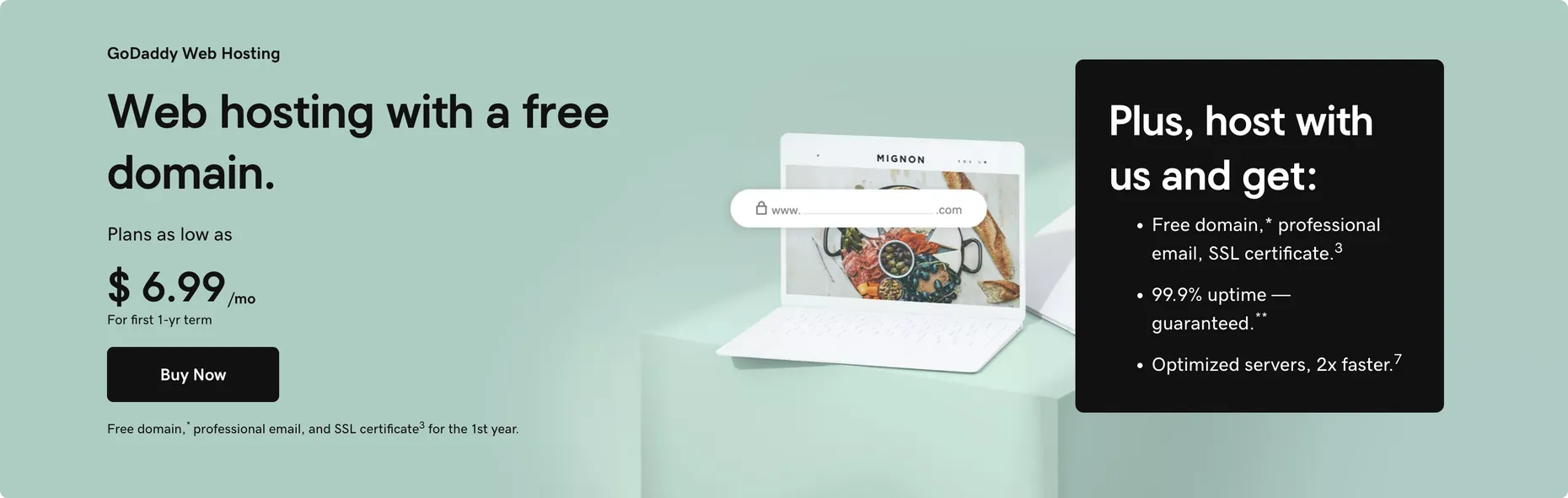 GoDaddy's hosting offer page opened through the deal link, headlined 'Web hosting with a free domain' with plans as low as $6.99/mo for the first 1-year term, plus free domain, professional email and SSL certificate for the first year