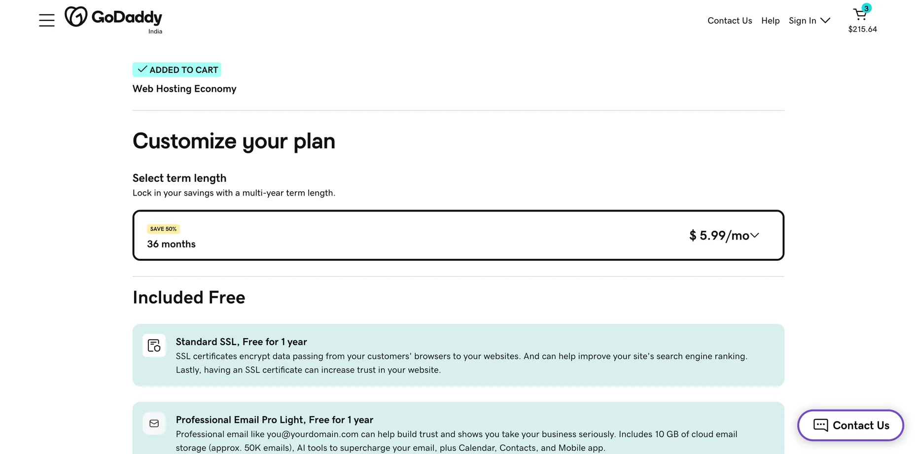 GoDaddy's customise-your-plan screen for Web Hosting Economy showing a 36-month term at $5.99/mo marked SAVE 50%, a $215.64 cart total, and the included free Standard SSL and Professional Email Pro Light for one year