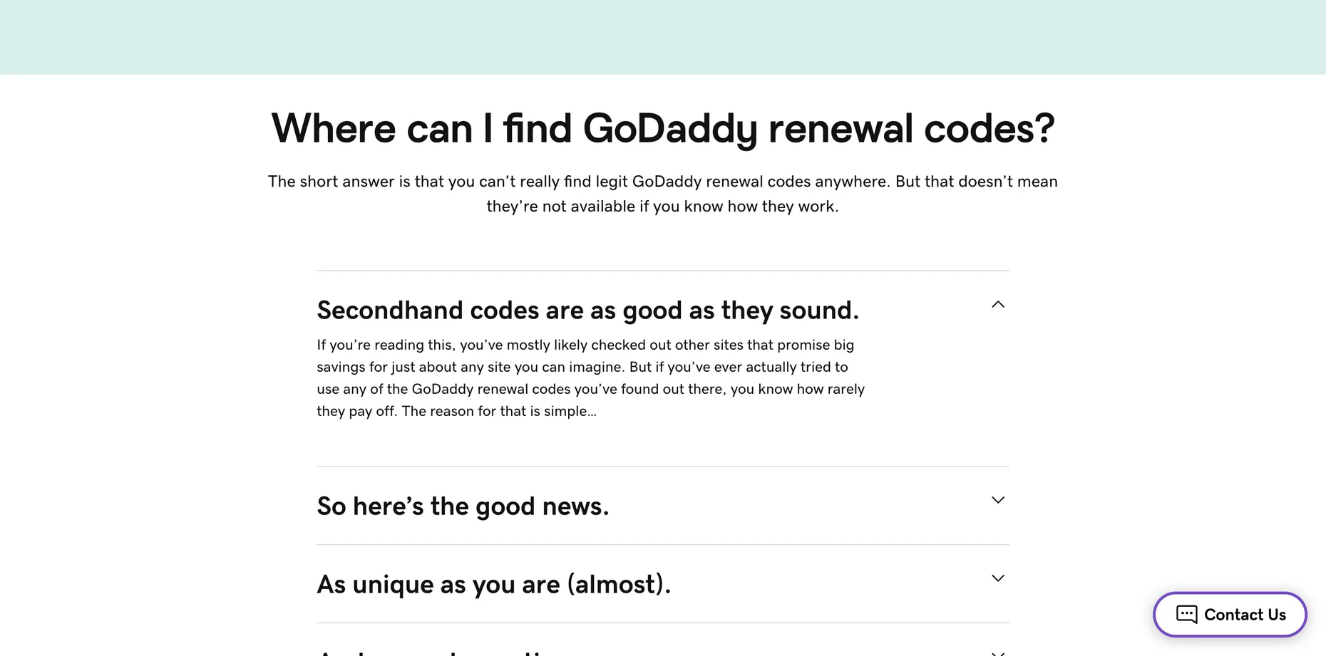 GoDaddy's official renewal-codes page titled 'Where can I find GoDaddy renewal codes?', explaining that legit renewal codes are rare, that secondhand codes from other sites rarely pay off, and that real codes are delivered to eligible customers