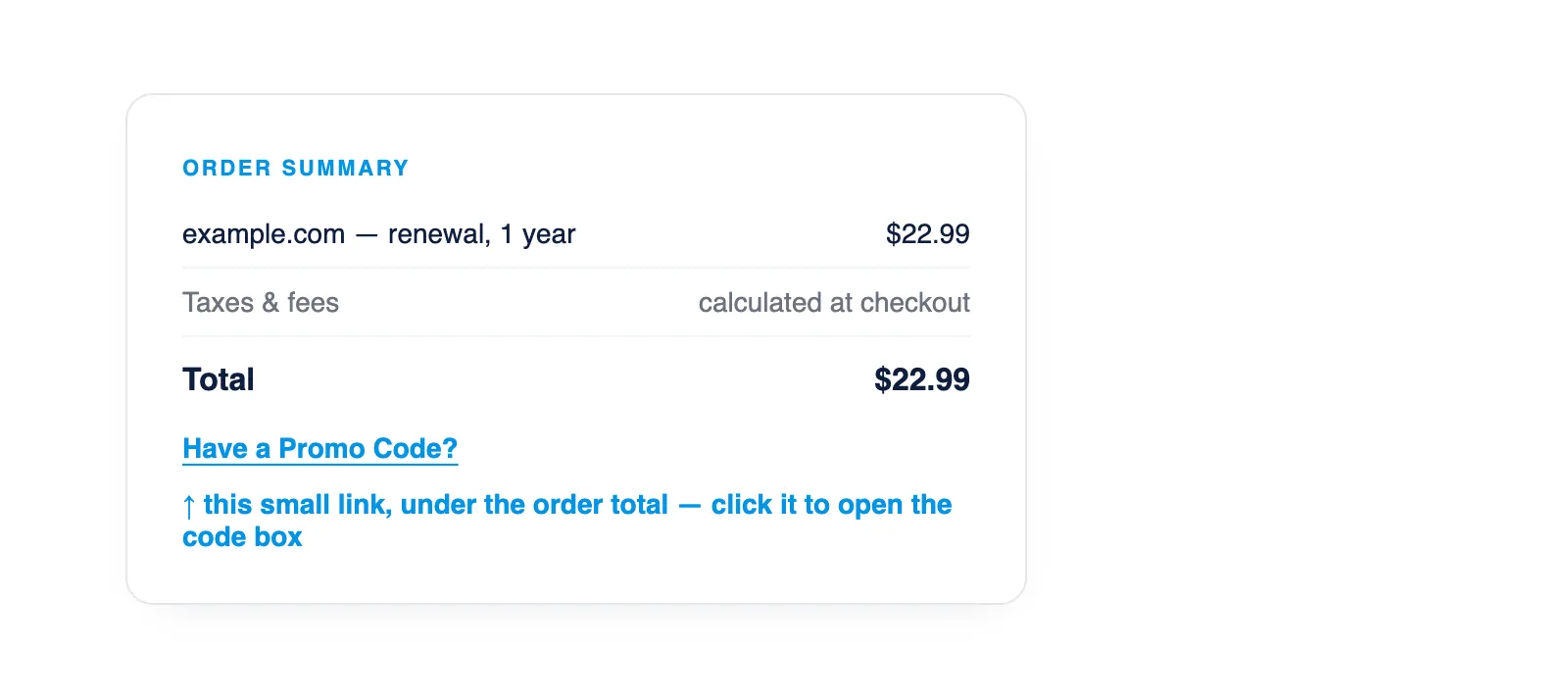 Drawn-out order summary showing a $22.99 renewal total with the small 'Have a Promo Code?' link sitting under the order total — the link that expands the code box