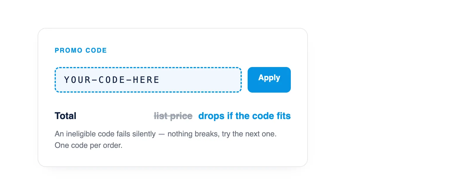 Drawn-out promo-code box with a code field and Apply button, and the total shown dropping from the struck-through list price when the code fits