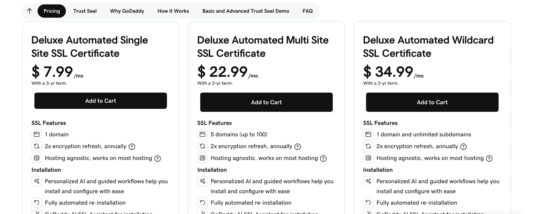 GoDaddy's public SSL pricing page showing Deluxe Automated Single Site at $7.99/mo, Multi Site at $22.99/mo and Wildcard at $34.99/mo, each on a 3-year term