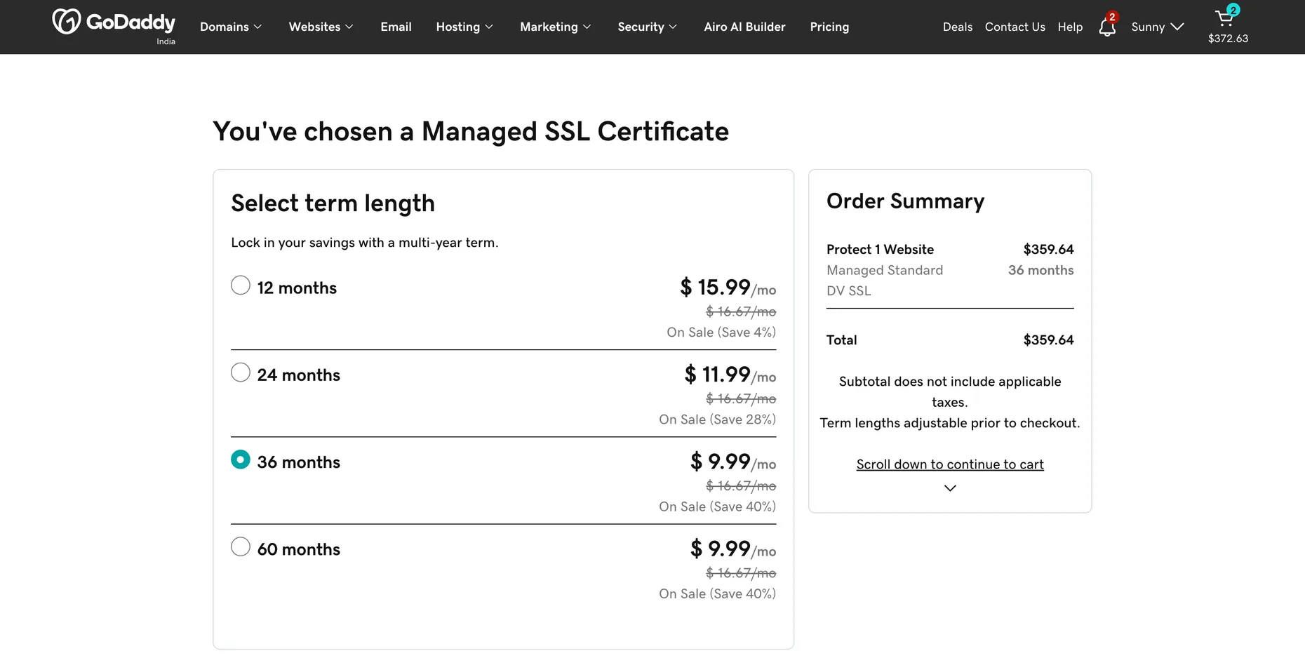 GoDaddy's term-length selector for a Managed SSL certificate: 12 months at $15.99/mo, 24 months at $11.99/mo, and 36 or 60 months at $9.99/mo marked Save 40%