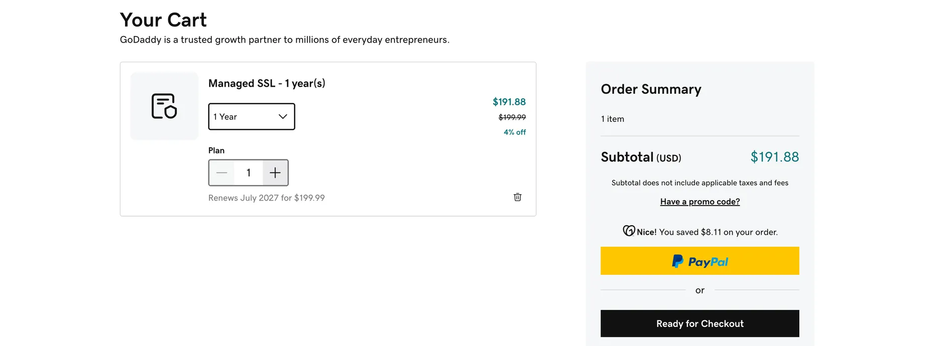 GoDaddy cart with a 1-year Managed SSL at $191.88, down from $199.99, showing the renewal price of $199.99 and an order summary with the saving applied