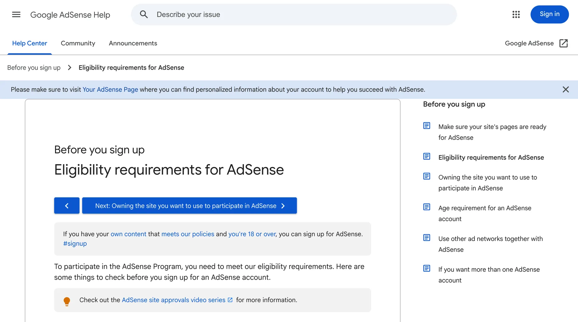 Google's official Eligibility requirements for AdSense help page showing the line about owning content, meeting policies and being 18 or over