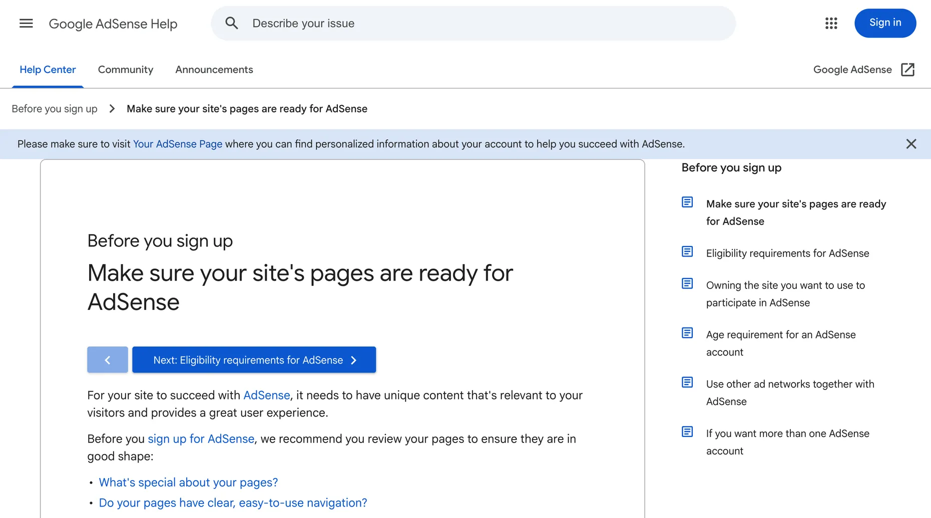 Google's help page titled Make sure your site's pages are ready for AdSense, listing unique content, clear navigation and a good user experience