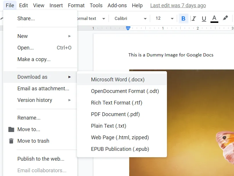 Google Docs Download submenu with Microsoft Word (.docx) highlighted