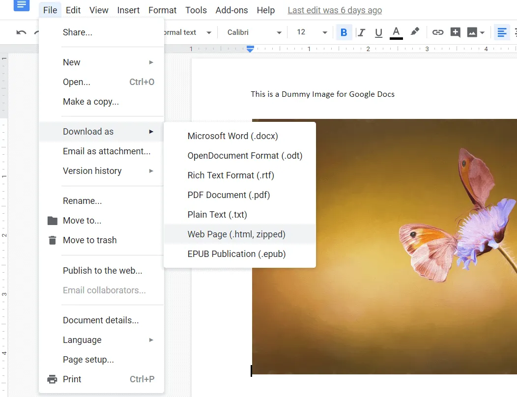 Google Docs File menu open with Download submenu showing Web Page (.html, zipped) highlighted