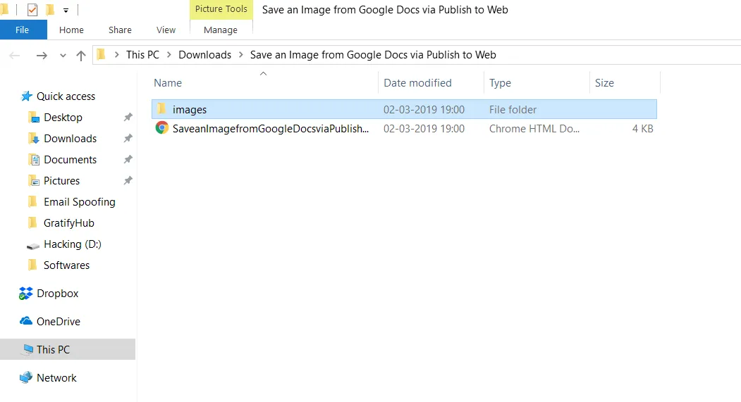 Windows file explorer showing the unzipped Google Docs export with an images subfolder