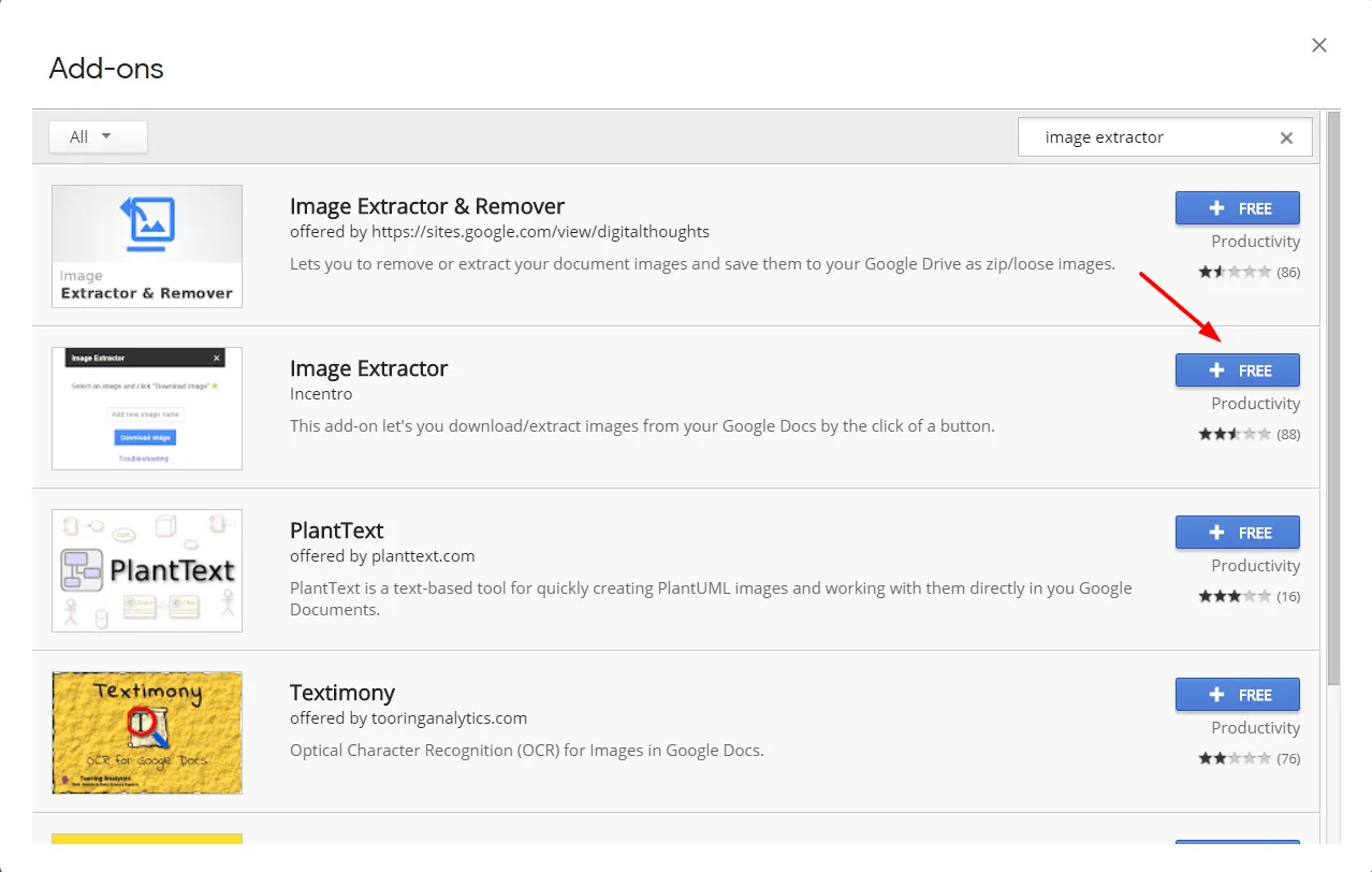 Google Workspace add-ons panel showing Image Extractor results for Google Docs