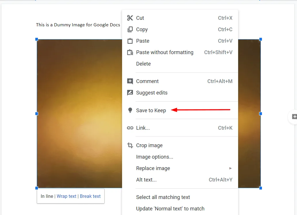 Right-click menu in Google Docs showing the Save to Keep option highlighted