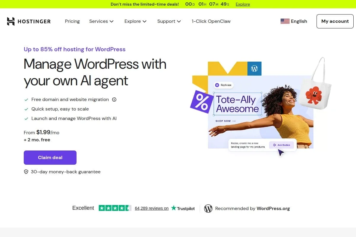 Hostinger WordPress hosting plans with a free domain, a budget option for starting a fashion blog