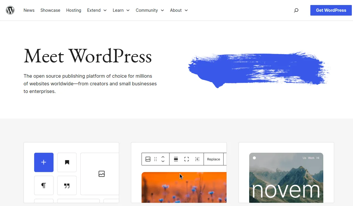 WordPress.org homepage, the open-source platform that powers around 43 percent of all websites