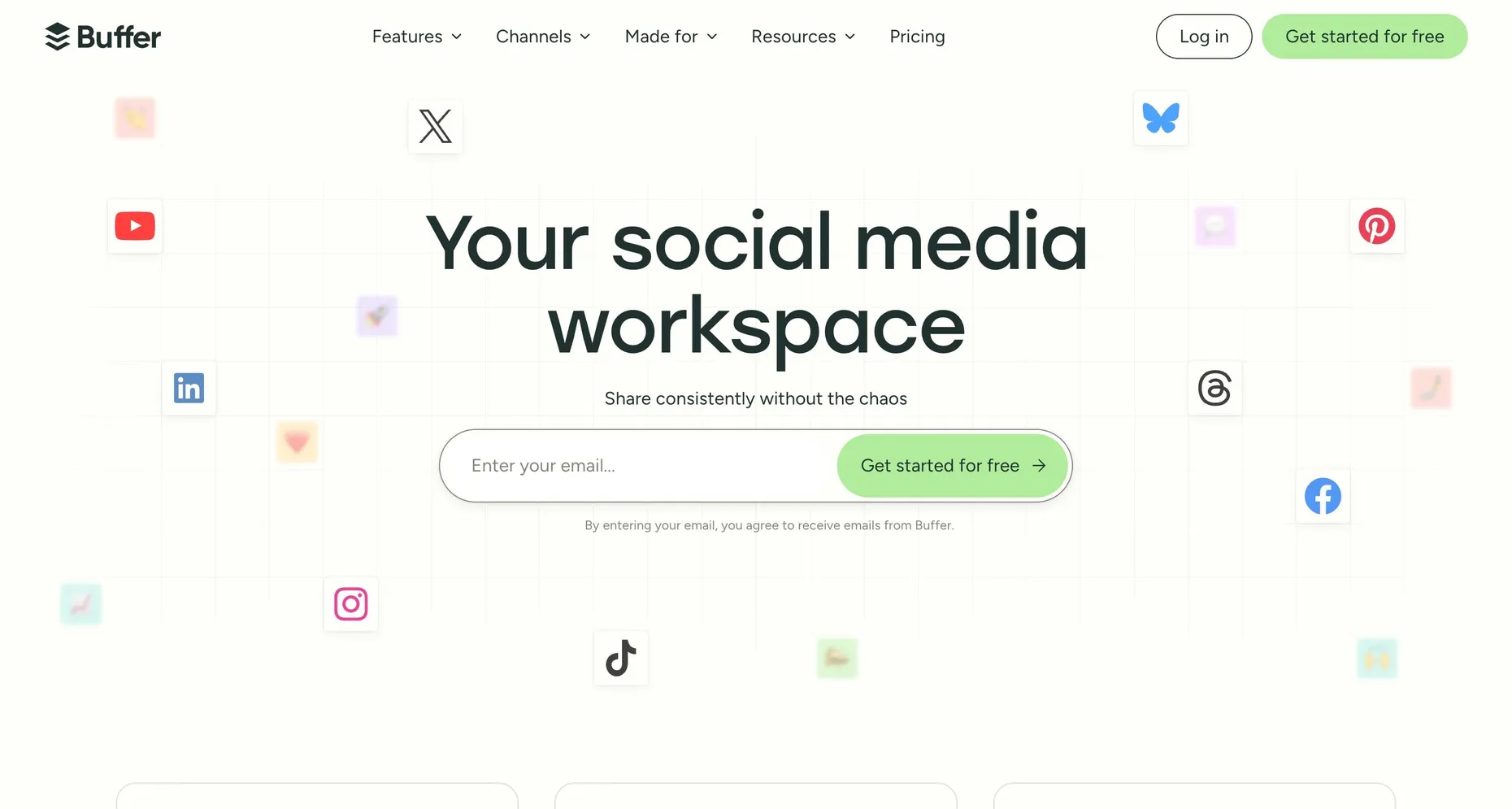 Buffer homepage headlined Your social media workspace, showing supported platforms