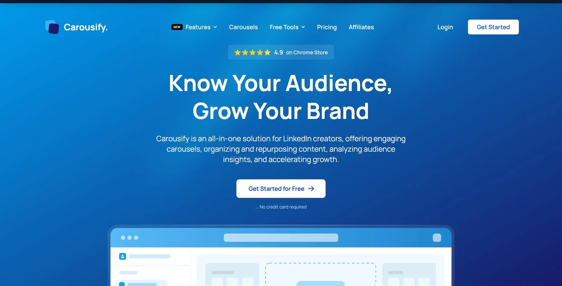 Carousify homepage, an all-in-one LinkedIn content tool with the tagline Know Your Audience, Grow Your Brand