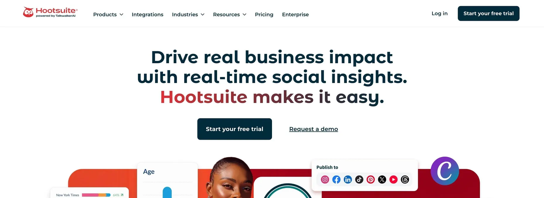 Hootsuite homepage headlined Drive real business impact with real-time social insights