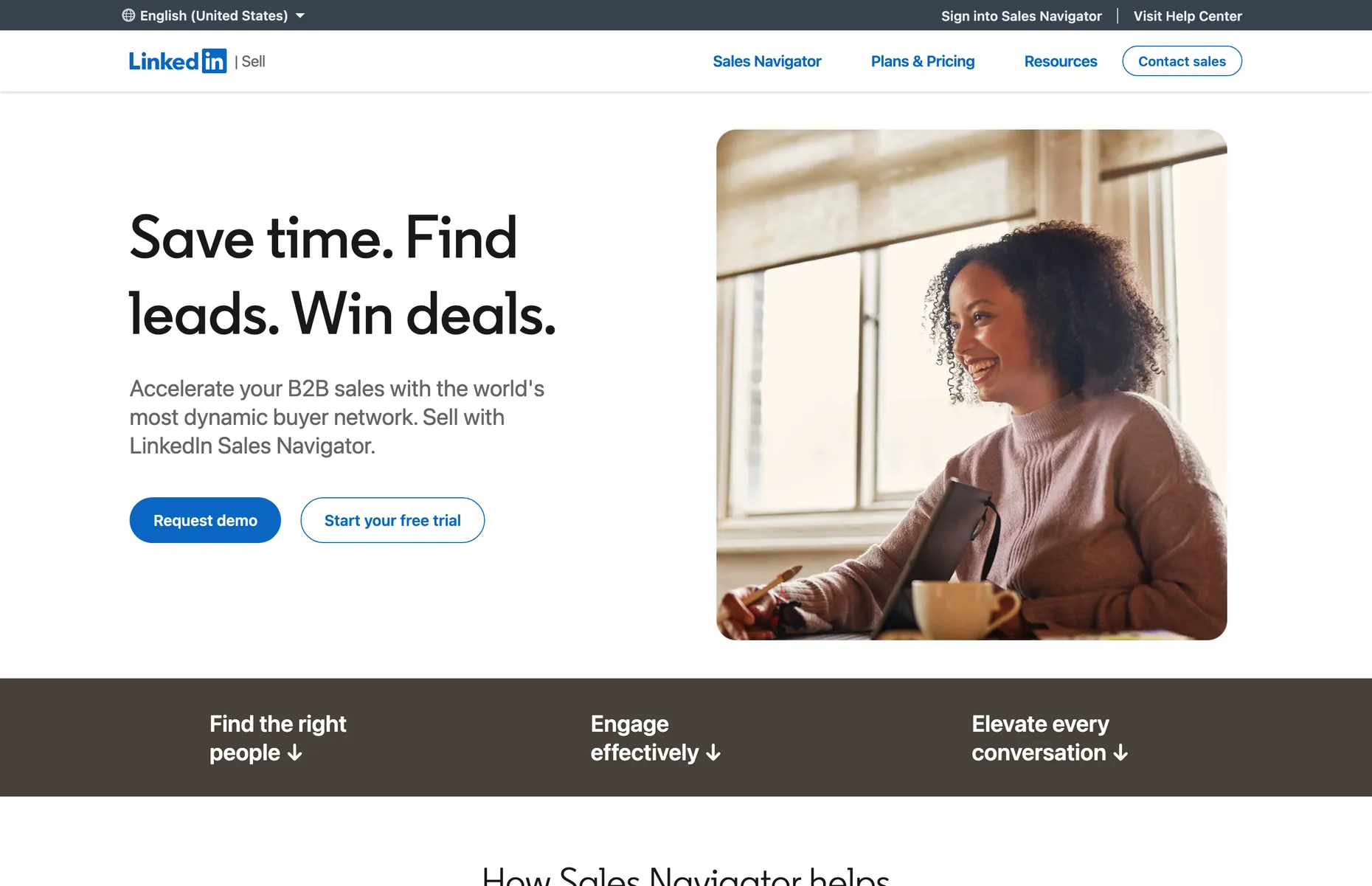 LinkedIn Sales Navigator page, headlined Save time, find leads, win deals
