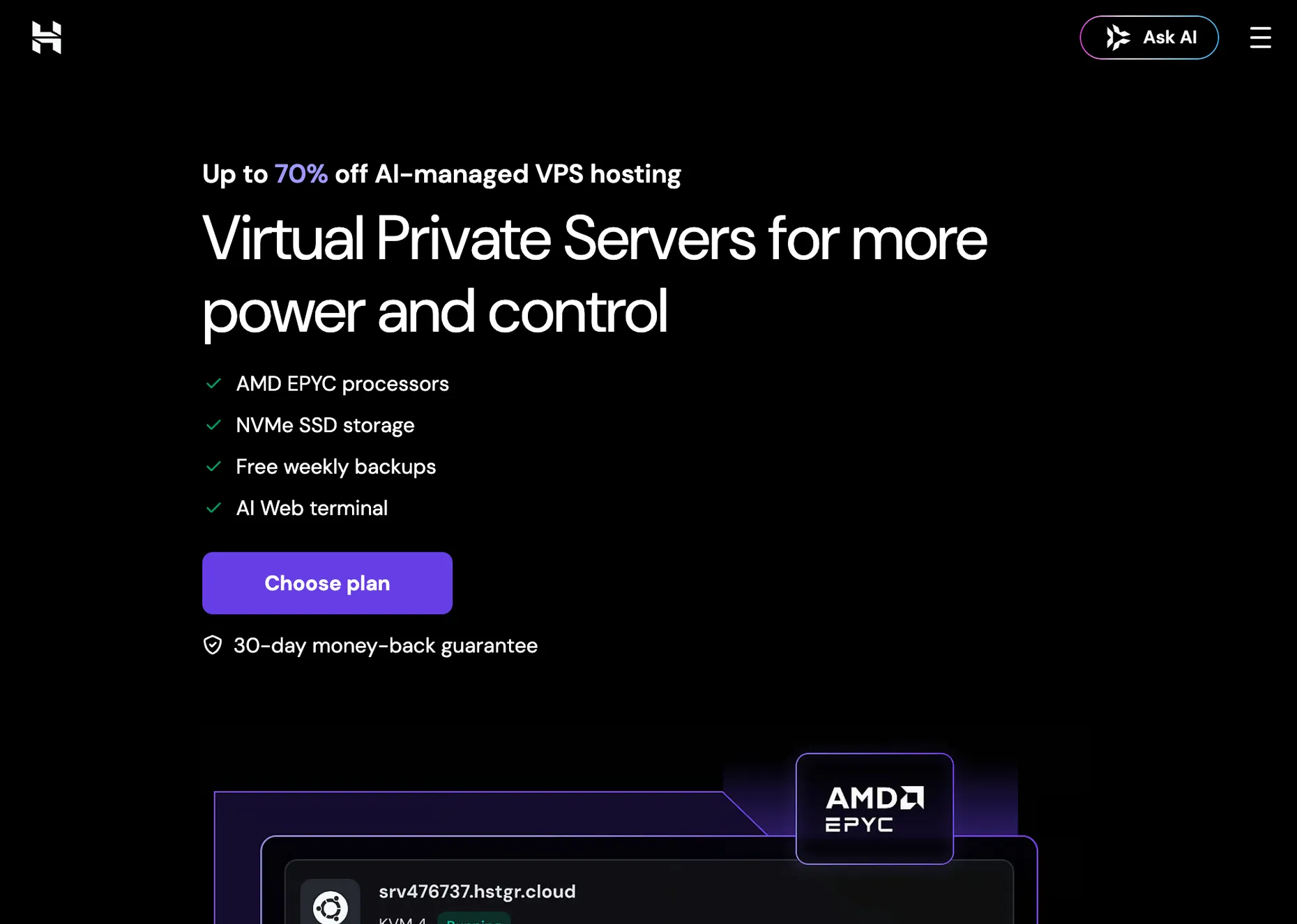 The Hostinger VPS hosting page showing KVM plans with AMD EPYC processors, NVMe SSD storage, free weekly backups, an AI web terminal and a 30-day money-back guarantee