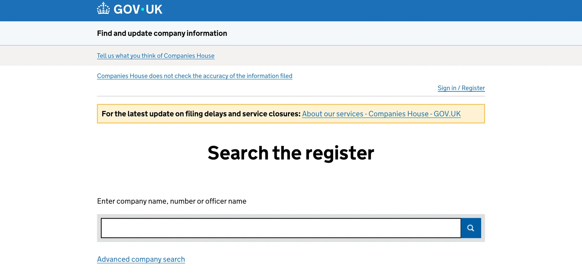 The GOV.UK Companies House Find and update company information service, showing the Search the register box