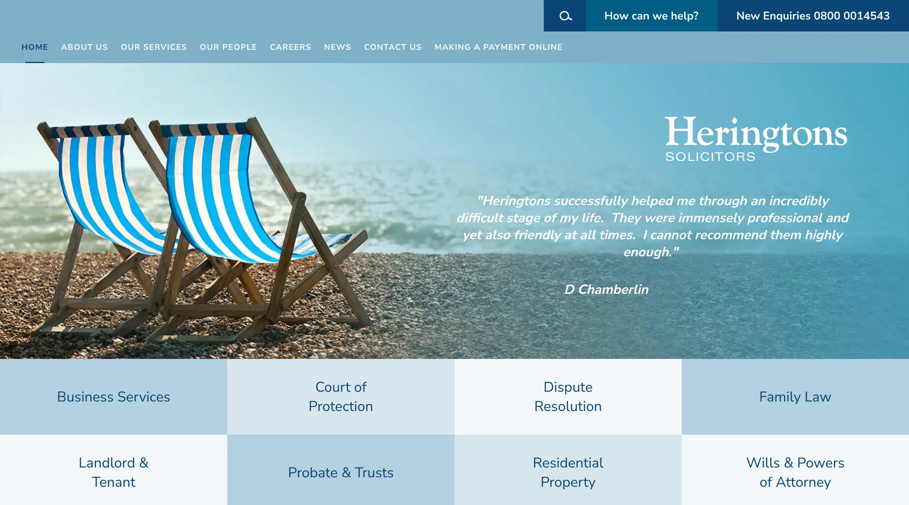 The Heringtons Solicitors homepage, showing service areas including Business Services and Dispute Resolution