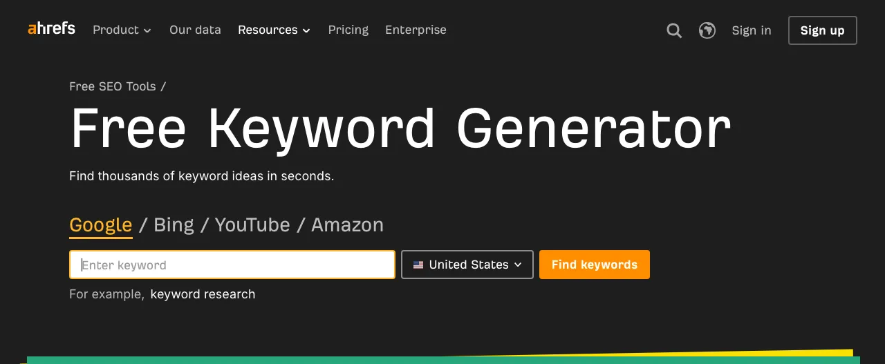 Ahrefs Free Keyword Generator page with tabs for Google, Bing, YouTube and Amazon and a keyword input box.