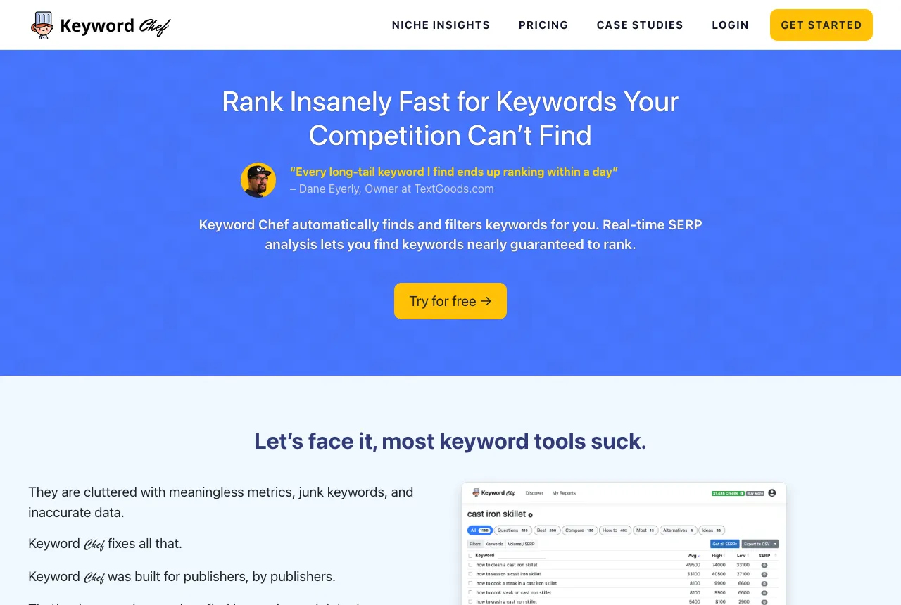 Keyword Chef homepage headed Rank Insanely Fast for Keywords Your Competition Can't Find, with a dashboard preview showing filtered keyword results.