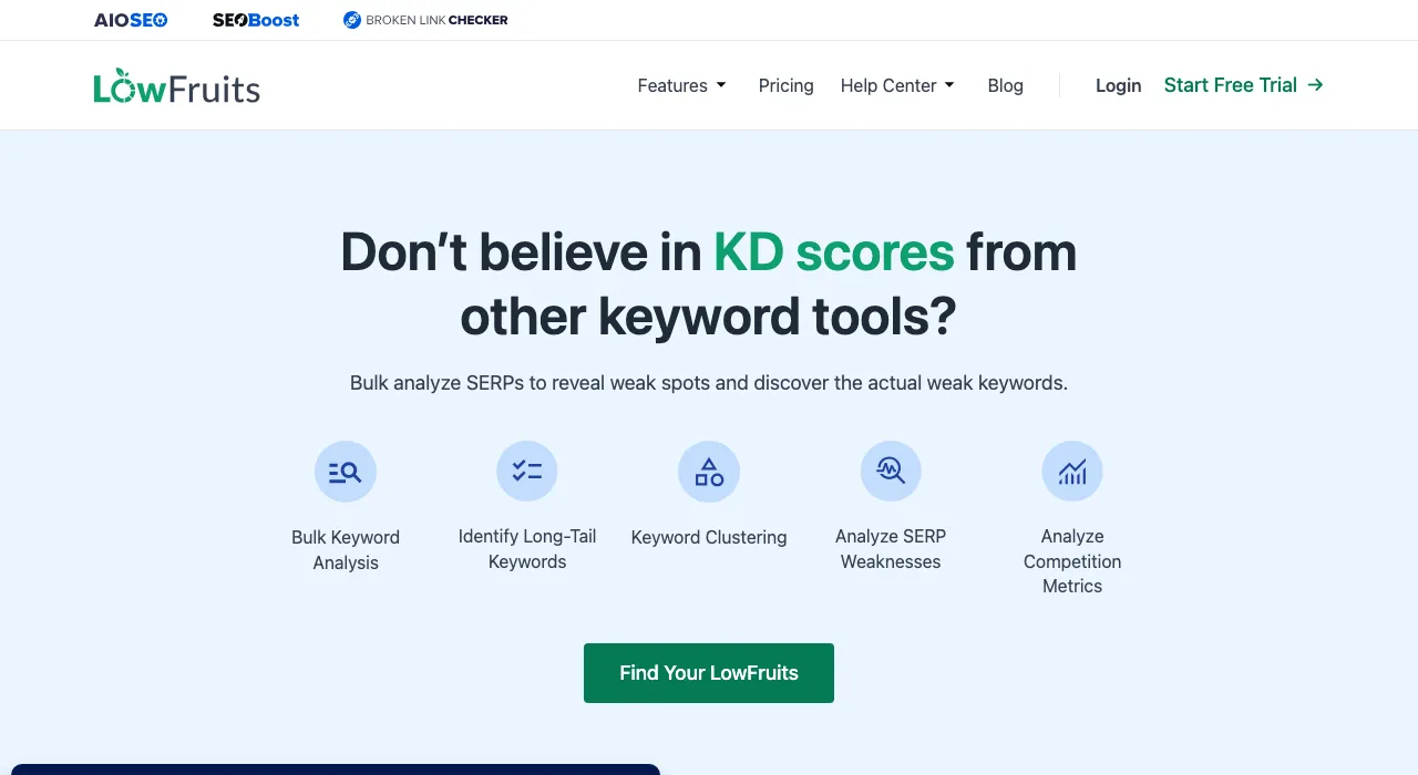 LowFruits homepage headed Don't believe in KD scores from other keyword tools, listing Bulk Keyword Analysis, Identify Long-Tail Keywords, Keyword Clustering, Analyze SERP Weaknesses and Analyze Competition Metrics.